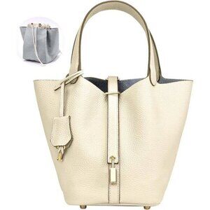 ⚡Women 07BeigeTrendy Genuine Leather Imported Bucket Bag Tote Top Handle Purses